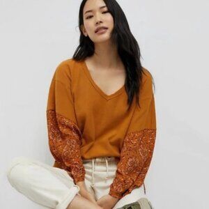 Anthropologie Annette Waffle Knit Floral Sleeve Top Size Medium